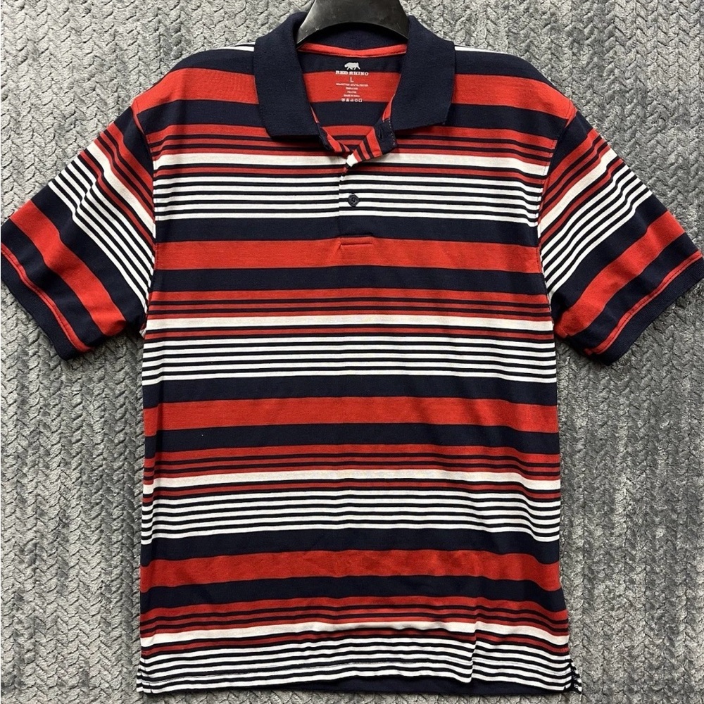 Red Rhino Men’s Casual Polo Large Red White Blue Striped